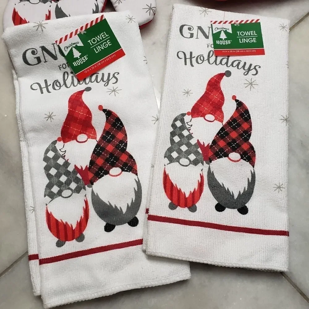 Christmas Set of 5 items,  towels and potholders knomes, NEW